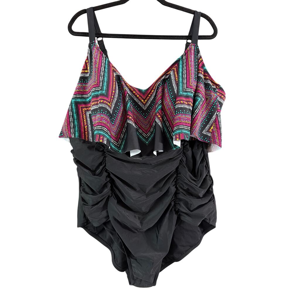 Torrid Women's Plus Size Black Zig Zag Tribal Flounce One Piece Swim Size 4 4X
